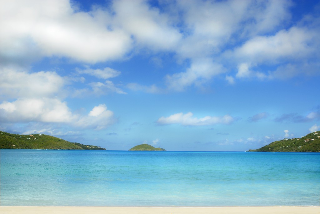 Beautiful blue skies over the blue green waters of Magens Bay, St. Thomas, USVI